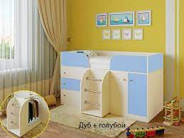Кровать-чердак Малыш-4 Дуб молочный/Голубой в Стрежевом - strezhevoj.katalogmebeli.com | фото